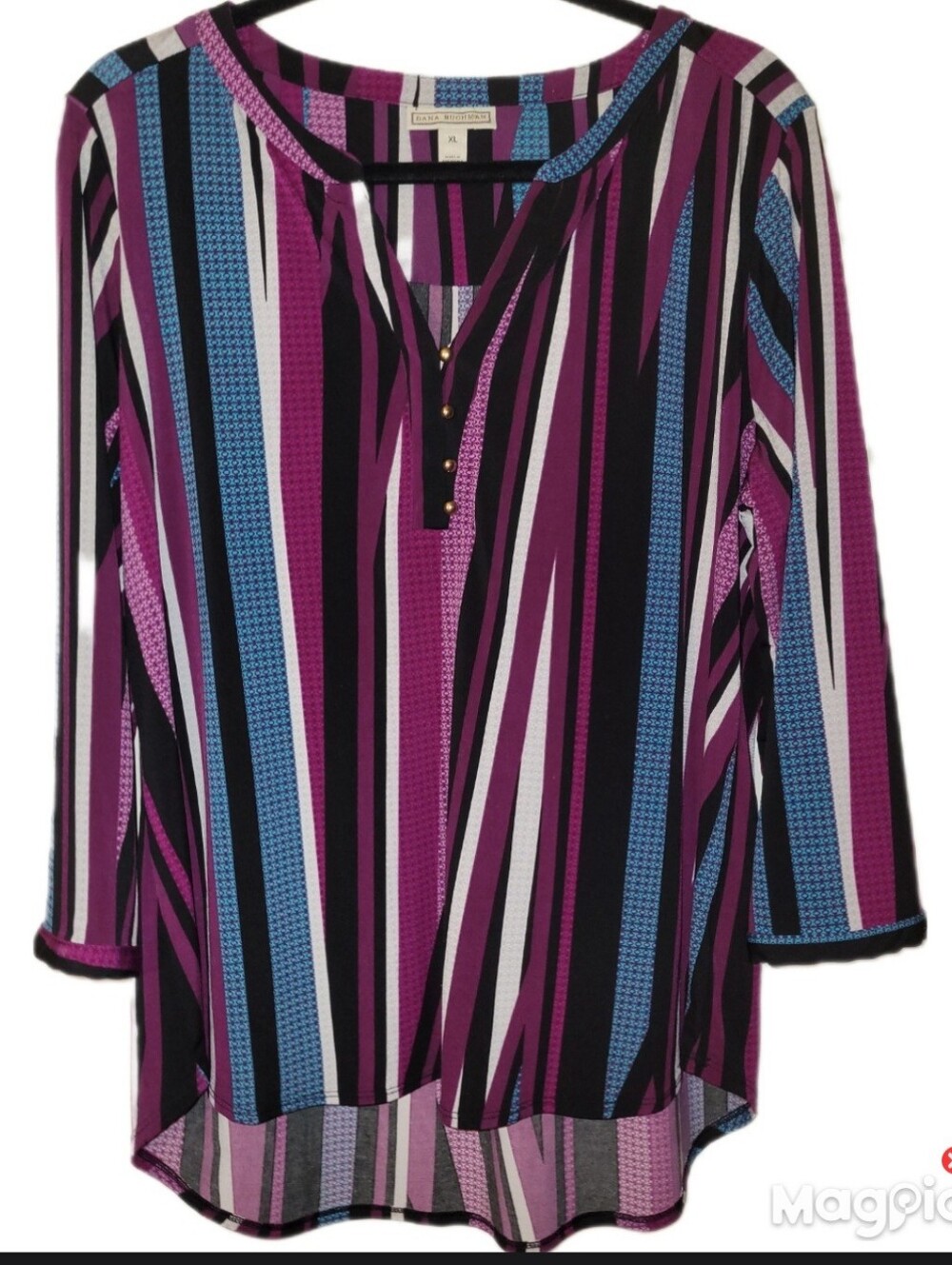 Renaissance Purple Blue Multi Color 3/4 Cap Sleeve Popover Goldtone Button XL
